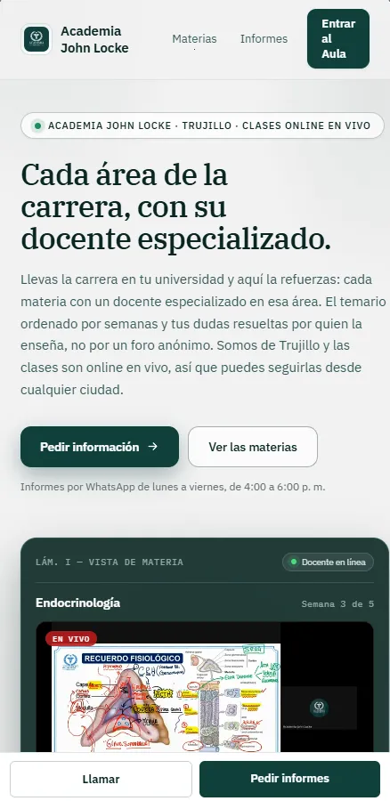 Página de inicio en celular, con botones fijos para llamar o pedir informes